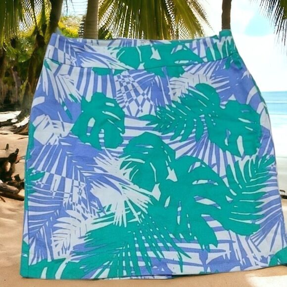 Ann Taylor LOFT Twill Tropical Foliage 🌴 Palm Fern Pencil Skirt White Resort - Picture 3 of 9